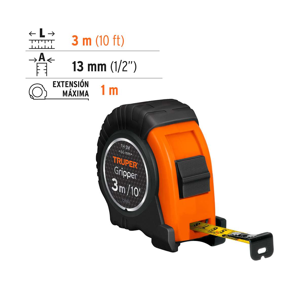 Cinta Metrica Contra Impactos Truper Gripper FH-30 De 3 Metros  X 13MM